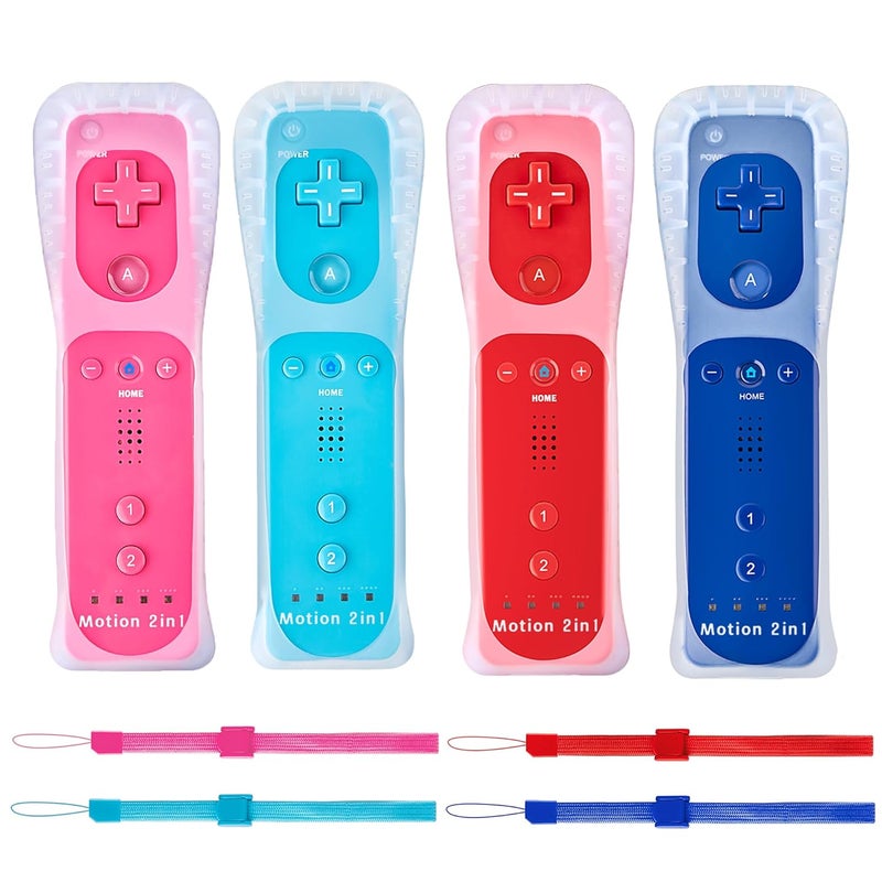 DTianSir 4Pack Wii Remote Controllers with Silicone Case & Wrist Strap, Wii Controllers Compatible for Wii U Consoles(Red+Light Blue+Pink+Blue) - Image 1